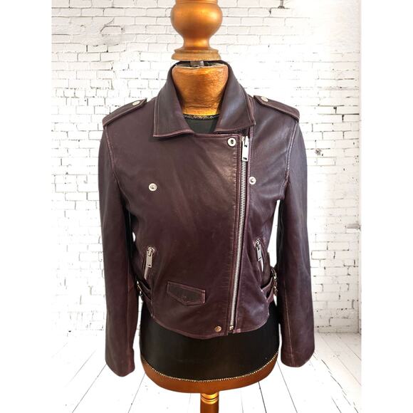 Amaryllis Distressed 100% Leather Moto Deep Jacket Purple Asymmetric Zip Size S - Picture 5 of 15